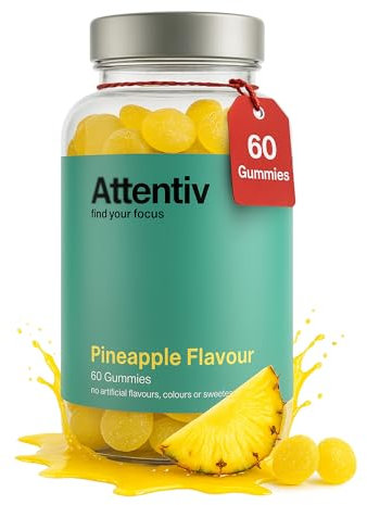 Attentiv® Vitamin C Gummies for Focus – ADHD Supplement for Kids 3+ | Supports Focus, Brain Function & Gut Health with Probiotics | Vegan Pineapple Flavor, Calm Gummies (60 Count)