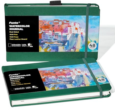 Funto Watercolor Journal, 8,5x5,5, confezione da 2, 48 pagine ciascuna, copertina in pelle verde, pressata a freddo, tasca interna in carta, materiale artistico per tecniche miste