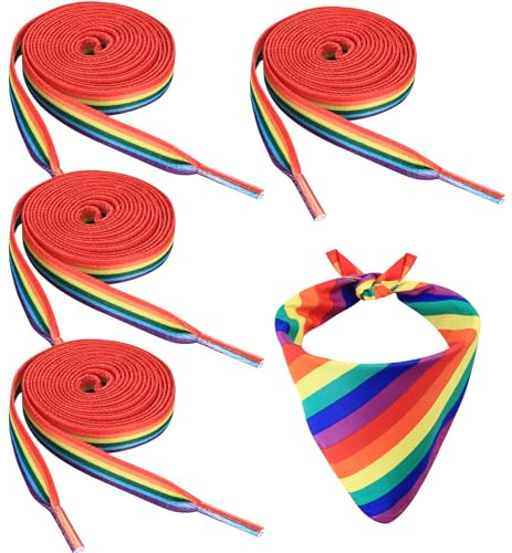 XRXYMQ 2 par färgglada skosnören med 1 regnbågsbandana, hårband, 140 cm regnbågs-skosnören färgglada, platta skosnören för pride accessoarer Lgbtq accessoarer, skolaskor för löparskor sportskor, färg,