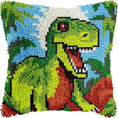 WallustrioaW animale kit gancio di chiusura cuscino,dinosauro verde,Kit per Fabbricare Cuscini a Punto Croce per Bambini Adulti Principianti,Decorazioni per la Casa,43x43cm