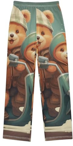 Bear Drive Motorcycle Boys Pyjamas Bottoms, Long PJ Pants Kids Sleep Pant Lounge Pants Loungewear Casual Sleepwear