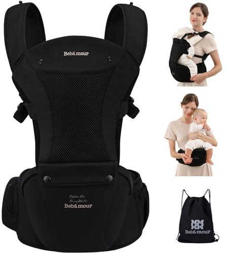Bebamour Babytrage für Neugeborene bis Kleinkinder, Hüftsitz, 0-36 Monate, Kopfhaube, 3 Stück Zahnungspads, Taillenverlängerung, Schwarz