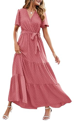 MASCOMODA Robe longue d'été à pois suisses pour femme, col en V, manches courtes, style bohème, décontracté, fluide et fluide