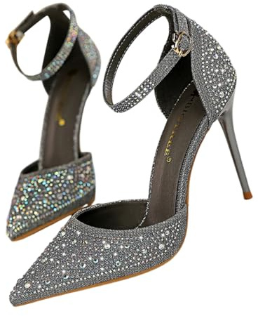 ticticlily Scarpe con Tacchi Alti10 cm da Donna Eleganti Punta Décolleté con Strass Scintillanti Cinturino alla Caviglia A Grigio 35 EU