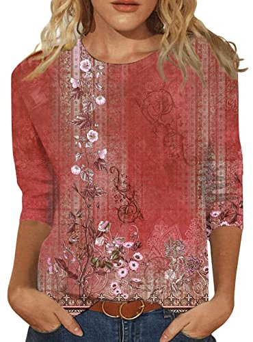 Pantalon à carreaux T-shirts confortables pour femmes, été, col rond, manches trois-quarts, chemisier confortable avec imprimé floral haut en dentelle femme élégant, Rose, M