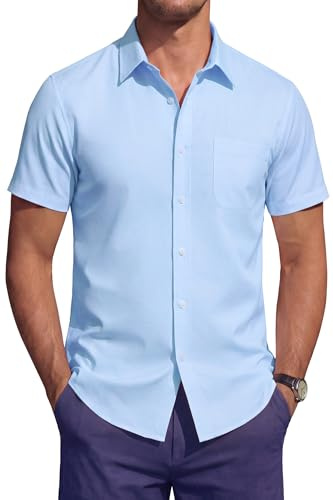 HISDERN Chemise Homme Manches Courtes Stretch sans Repassage Regular Fit Business Décontracté Chemise d'Été Habillée avec Poche