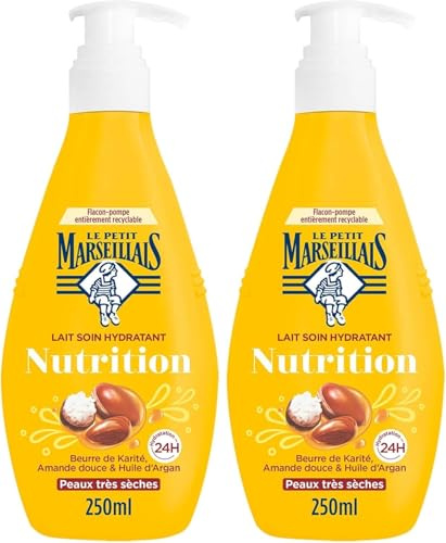 Le Petit Marseillais - Lait Soin Hydratant Nutrition (Flacon-Pompe de 250 Ml) – Lait Corps pour Peaux Très Sèches Hydratation 24H – Lait Corporel au Beurre de Karité, Amande Douce et Huile d'Argan
