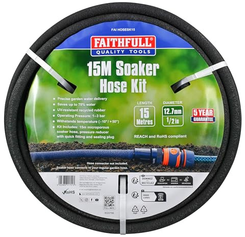 Faithfull Soaker Hose Kit 15M (49ft) 12.5mm (1/2in) – Micro Porous Water-Saving Garden Drip Irrigation Hose, UV & Frost Resistant with Quick Fitting Pressure Reducer & Sealing Plug