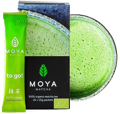 Moya Matcha to Go! Organic | Box of 24 x 1,5g Packets Sticks | Matcha To Go! Tea or included with a Glass Shaker (24 Stück x 1,5 g Matcha To Go Sticks)