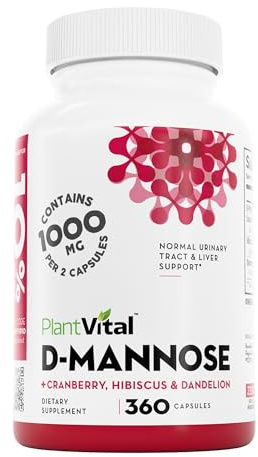 Plantvital D Mannose Capsules with Cranberry - D-mannose 1000mg Capsules - High Potency for Bladder, Kidney and Urinary Tract Support. Cranberry Powder with Hibiscus and Dandelion. 6 Months Supply