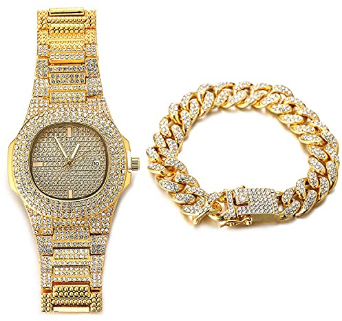 HALUKAKAH Orologio d'oro con Diamantes Iced out,Uomo Placcato Oro Reale 18k Cinturino al Quarzo 9.5,con Set di Bracciali a Catena Cubana da 8,Cz Completa Lab Diamantes,Gratuito Pacco Regalo