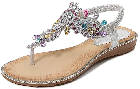 iCKER Women's Flat Sandals Ladies Thong Flat Sandals Bohemian Beaded Strap Sandals Diamante Rhinestone Leather Sandals,5UK(label size 39),Silver PD01