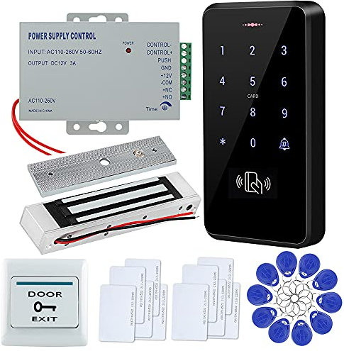 FTSTech Kit de Control de Acceso de Puerta a Prueba de Água IP68 Teclado de 125 KHz + Fuente de Alimentación + Cerradura Eléctrica + Botón de Salida + Tarjetas y llaveros (Magnetic Lock Kit)