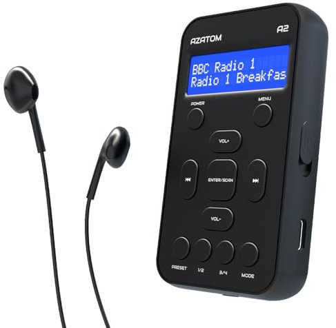 Portable DAB/DAB+ & FM Digital Radio | Sports Earphones Included | Clear Digital Display | Rechargeable Battery (10-12 Hours) | Perfect for Sports, Hiking or Working | AZATOM A2 (Black)