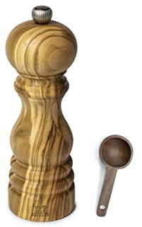 Peugeot Paris Olivier Pepper Mill Gift Set Olive Wood - With Wooden Scoop (7 -Inch, Pepper Mill w/ Scoop)