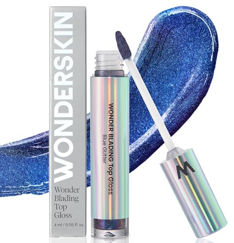 Wonderskin Lip Gloss Blading Top Gloss, Hydrating and High Shine Finish Lip Makeup (Blue Glitter)