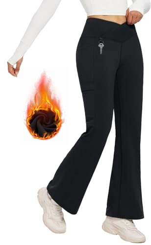 baleaf Thermo Hose Damen Thermo Leggings mit Taschen Wanderhose Wasserabweisend Bootcut Leggings Schlaghose Warm Winterhose Schwarz S
