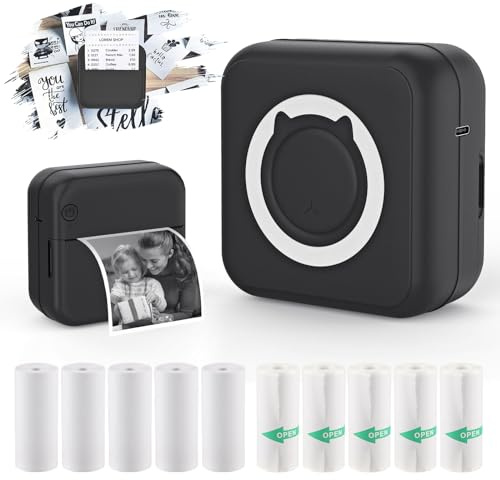 HUIJUTCHEN Mini fickskrivare bärbar termisk fotoskrivare med 10 rullar utskriftspapper för Android eller iOS-app, bluetooth bläckfri skrivare etikettmaskin (svart)