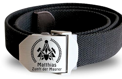 Lasernauten Gürtel Stoff Textil mit Edelstahlschnalle mit Gravur Maurer Zunftzeichen und Wunschtext personalisiert mit Name Workwear Arbeitshose Zünfte