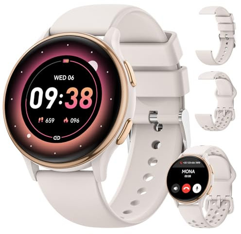 AIMIUVEI Smartwatch Damen mit Telefonfunktion, 1,27 Fitness Tracker 100+ Sportmodi UVI, 24H Pulsuhr/SpO2/Stress/Emotionen, Menstruationszyklus Schlafmonitor, Uhr Damen für iOS Android Elfenbein/Gold