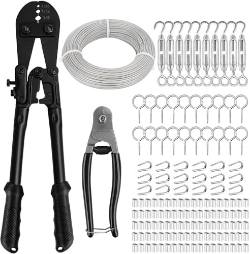 TooTaci 1/8 Stainless Steel Cable Wire Rope, 200ft Vinyl Coated Steel Cable with Wire Rope Crimping Tool & Cutter, Turnbuckles for Cables Wires, Hanging Clothes, String Lights Hanging