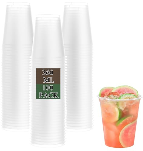 Oungy 100 stycken plastmuggar 0,3 l, transparenta återanvändbara muggar 0,36 L, stabila hårdplastmuggar, okrossbara cocktailglas plast, festmuggar för födelsedagar, dop, bröllop, jul