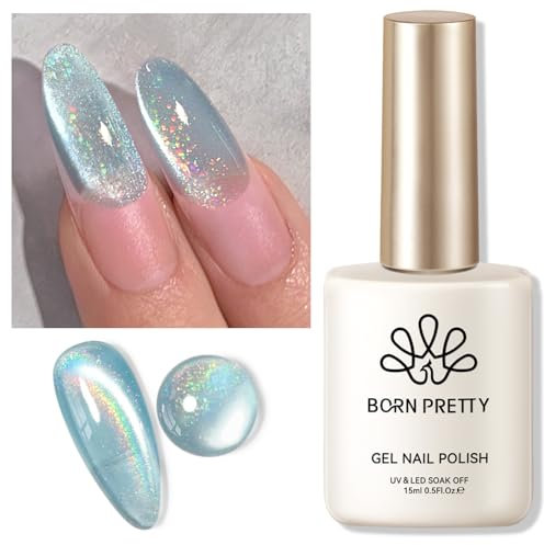 BORN PRETTY Magnetic Gel Nail Polish 15ml Rainbow Iridescent Glitter Cat Magnet Eye Effect Gel Polish Glass Blue Sparkle Shimmer Pearl Gel Nail Art Manicure Salon DIY Home