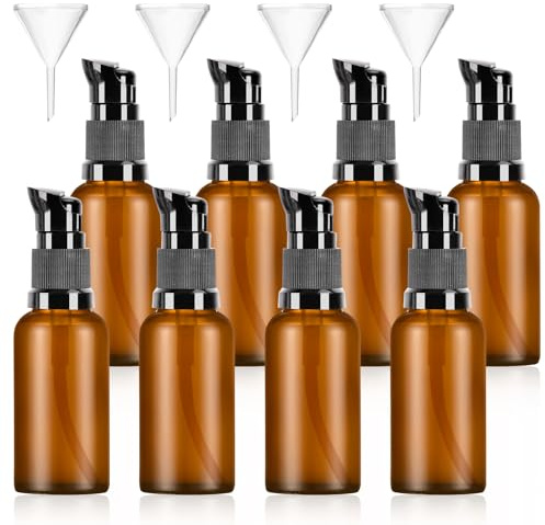 KTPCN 8 stycken tomma glasflaskor för fyllning, 30 ml brunt glas pumpdispenser, glaspumpflaska, lotiondispenser, flaska med pump, för resor eteriska oljor flaskor handkräm dispenser, med 4 tratt (8)