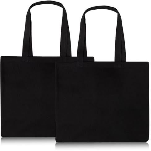 KUIZHEN Cotton Bag, 2 PCS Bag Tote Reusable Large Canvas Bags with Handle Blank Cotton Bags for Shopping and Travelling 45 x 35 cm Black