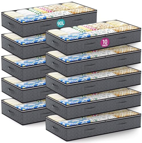 10 Pack Under Bed Storage Containers 90L Underbed Closet Organizer System Collapsible Storage Bins with Clear Window and Reinforced Handles for Bedding Pillows Blanket Towels Clothes Wardrobe Bedroom