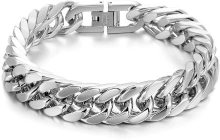 AFSTALR Silber Armband Herren Edelstahl Armbänder Panzerkette 12mm Breite Glatt Kubanische Cuban Armreif Men's Bracelets Schmuck Jewellery Geschenk für Männer Jungen 18cm