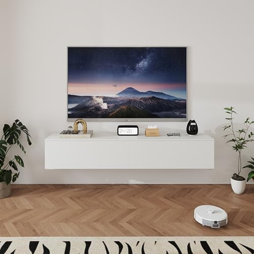 Amveya Lowboard mit Fächern, TV Board für Wohnzimmer, Sideboard Weiss, Moderne TV Lowboard, Lowboard Hängend
