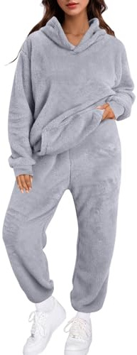 Survêtement à capuche doublé en polaire pour femme - Confortable - Pour l'hiver - Tenue d'intérieur confortable - Ensemble assorti, 04# Gris, XL