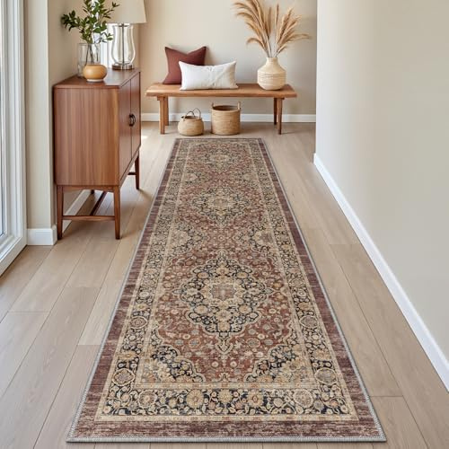 DEXI Passatoia Corridoio 60 x 210 cm, Tappeto Cucina Antiscivolo Lavabile, Tappetino Morbido Vintage di Pelo Corto e Lungo - Assorbente per Porta, Ingresso Interno e Lavanderia, Rosso Ruggine