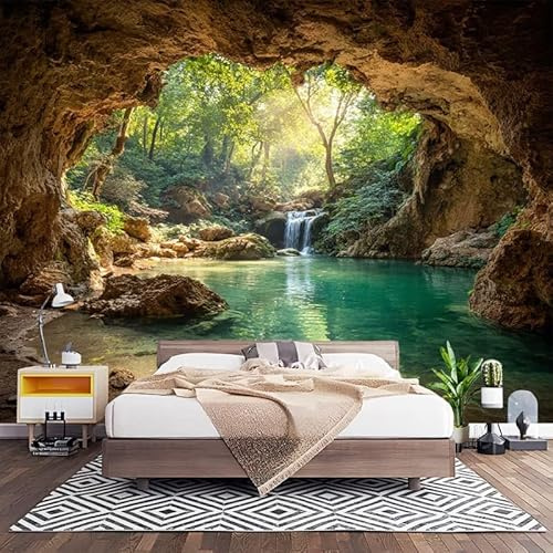 Chambre Papier Peint 3D PanoramiquePaysage Naturel 400x280 cm Papier Peint Intissé Mural Paysage de Grotte JungleièRe pour Salon Canapé TV Fond Décoration, Personnalisable Grande Taille
