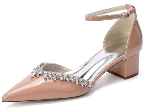 Generico Scarpe Sposa Donna Verniciate Punta Affusolata con Strass Cinturino alla Caviglia Tacco Largo 4,5 cm Décolleté Eleganti Cerimonia,Nude Pink,36 EU