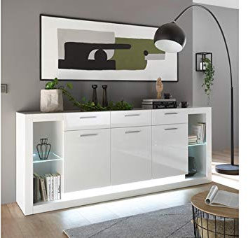 Sideboard Mats weiß Tiefzieh Hochglanz 198x83x43cm Board Stauraumelement Kommode Wohnzimmerschrank Regal Stauraum Regalboard Standboard Lowboard Größe ohne Beleuchtung