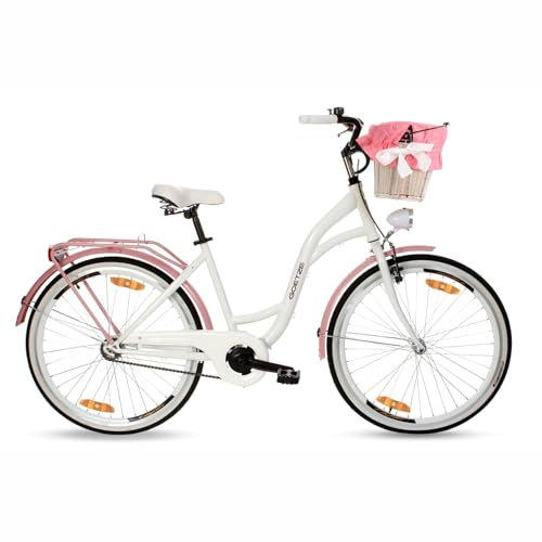 Goetze Style 26 Zoll Damen Citybike, 17 Zoll Tiefeinsteiger Rahmen, 1-Gang Rücktrittbremse, V-Bremse vorne, LED-Beleuchtung, Gepäckträger, Rattankorb, Komfortsattel, mit Ständer & Klingel