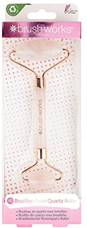 Brushworks Brazilian Rose Quartz Stone Roller – Dual-Ended Facial Massager for Skincare, Reducing Puffiness & Boosting Radiance, Vegan & Cruelty Free