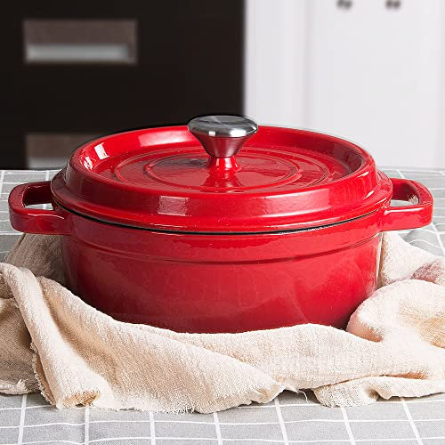 Virklyee Casseruola in ghisa smaltata, rotonda, 24 cm, pentola in ghisa smaltata, 4,7 l, con coperchio, compatibile con tutte le fonti di calore (rosso)