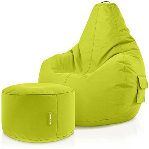 Green Bean© Set de 2: Pouf + Tabourets - remplis - Robustes lavables résistants à la saleté - Enfants & Adultes Bean Bag Coussin de Sol Lounge Chaise Fauteuil Relax Gamer Siège de Gaming - Vert Pomme
