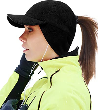 Gisdanchz Winter Basecap Damen Pferdeschwanz Mütze mit Ohrenklappen Laufen Cappy Frauen Kappe Schirmmütze Schildkappe WintermüTZE Damen Warm Women Baseball Cap Ponytail Hat, Schwarz S/M