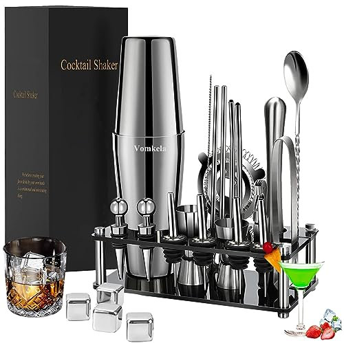 Boston Shaker à cocktail, shaker à cocktail avec support, 25 accessoires de bar, barman, mixeur à cocktail, 750 ml, en acier inoxydable, shaker à cocktail, cadeaux, décoration de cocktail, comptoir de