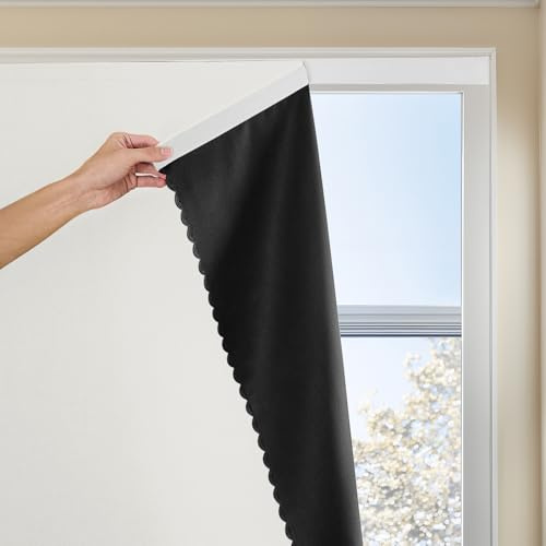 JILRON Magic Tape Stick on Portable Curtains for Windows,Bedroom Blackout Curtains for - Thermal Lnsulated No Drill Curtains Room Darkening Black Small Drapes(1 Panels,35Wx48L inch-White)