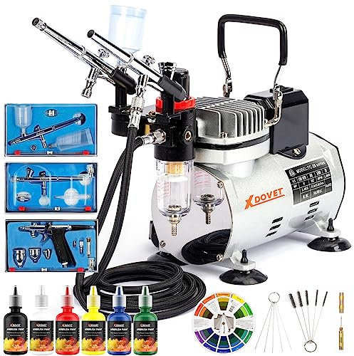 XDOVET Kit de sistema de compresor de tanque de almacenamiento, sistema de aerografía con compresor de aire de 1/5 HP y 2 kits de aerógrafo, juego de pintura acrílica de 6 colores opacos