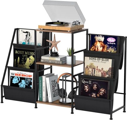 VEDECASA Bibliothèque Table d'appoint avec étagère à 3 étages en vinyle Table d'appoint pour le salon Support de disques avec lecteur vinyle pour jusqu'à 200 albums