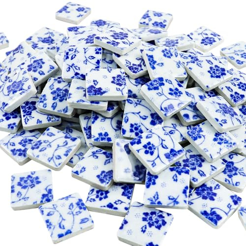 Yatinkim 121 Pcs Ceramic Mosaic Tiles for Craft 2.5x2.5 cm Porcelain Tiles | Square Polished Glazed Blue and White Mosaic Tile Ceramic Pieces DIY House Bathroom Vase Floor Pool Decor