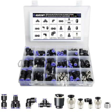 108Pcs Quick Connect Air Hose Fitting Kit, NPT 1/4,3/16, 5/32,3/8,1/8,1/2,5/8 Push To Connect Fittings Air Line Pneumatic Fittings Kit Connectors for Automotive Car or Industrial Workshops