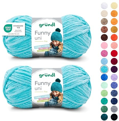 Gründl Laine Funny uni - laine chenille douce pour le crochet – moelleuse et respectueuse de la peau - 100% polyester – 2 pelotes 100 g / 120 m – taille d’aiguille 5-6 -Turquoise