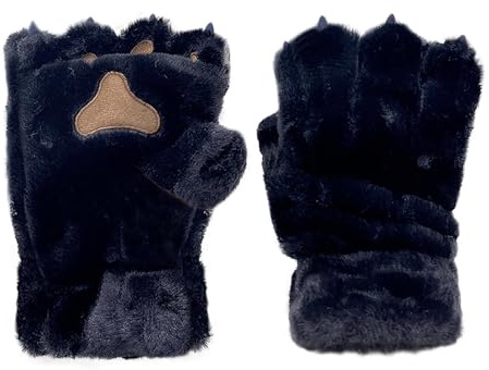 NICEYEA Winter süße kleine Bär verdickte Frostschutzbär Halbfingerhandschuhe Halbfingerhandschuhe mit Samt, verdickt, um warm und frostschutz zu halten（Schwarz/grau/pink）